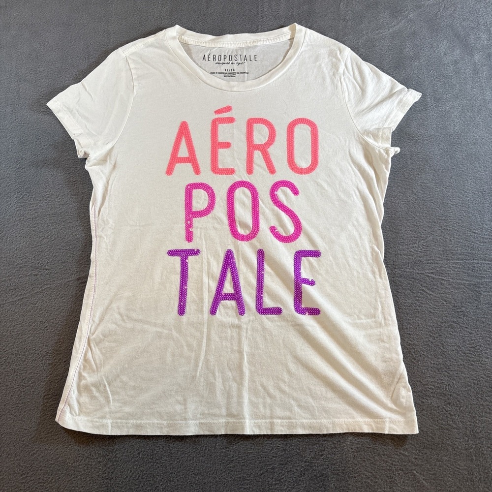 Aeropostale Shirt‎ Girls White Spellout Pink/Purple Logo Casual Preppy - Size XL